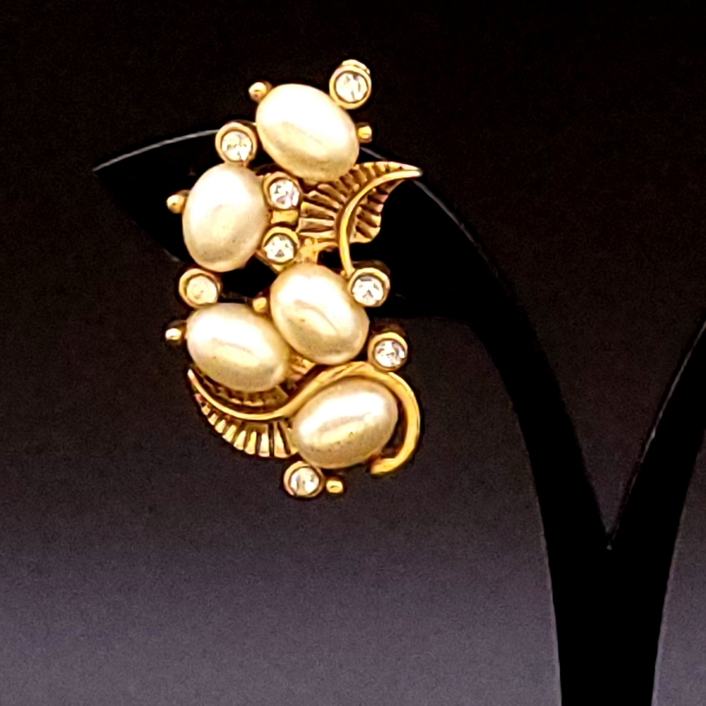 Vintage Art Nouveau Gold Tone Leaf & Faux Pearl Clip-On Statement Earrings